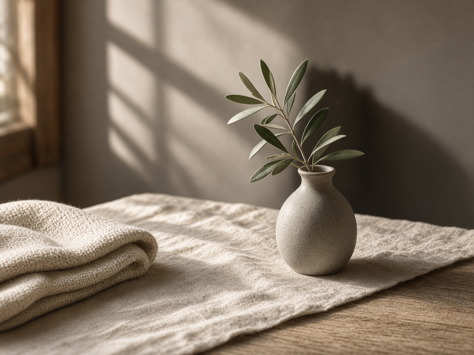 Olive branches in a ceramic vase on linen, morning light